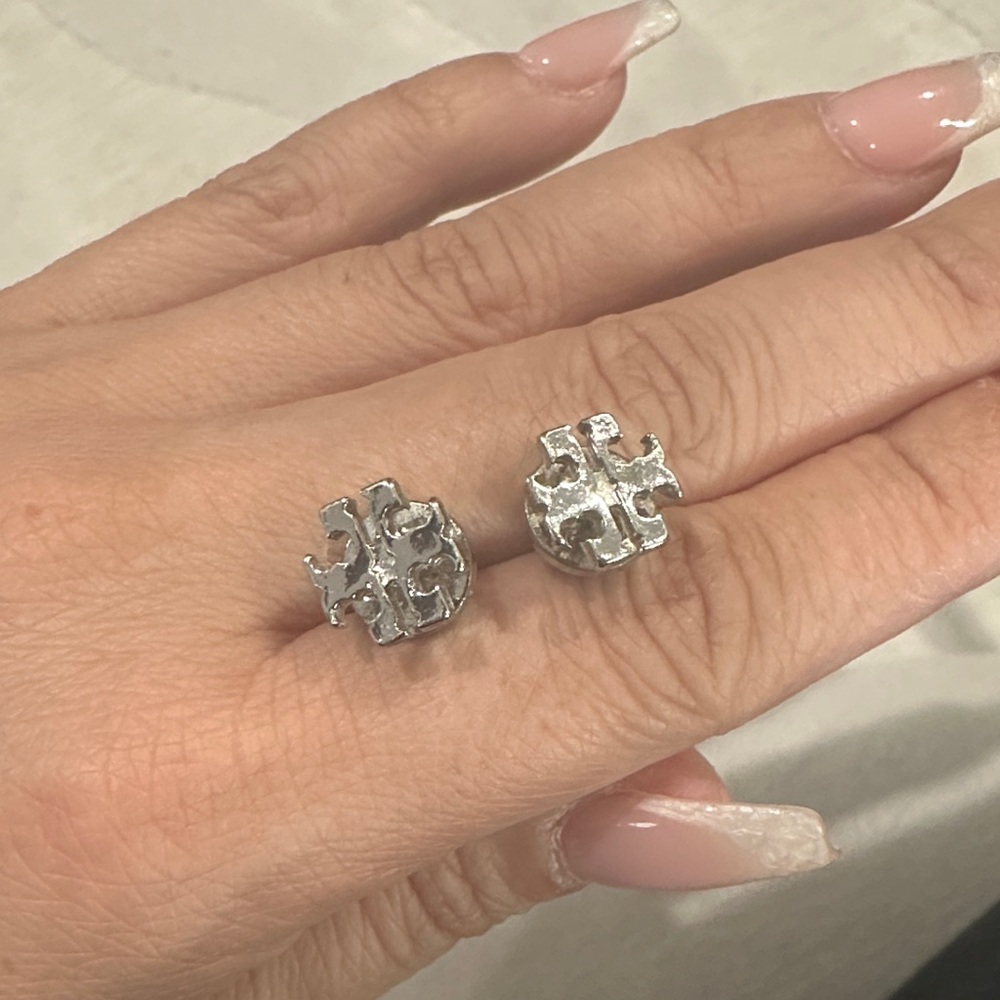 Tory Burch Silver Logo Stud Earrings